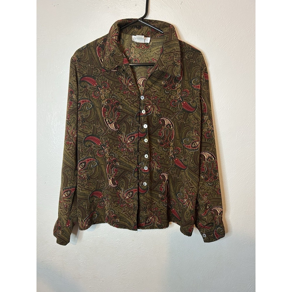Vtg 90s Impressions of California Paisley Blouse Women's L Olive Red Button Up